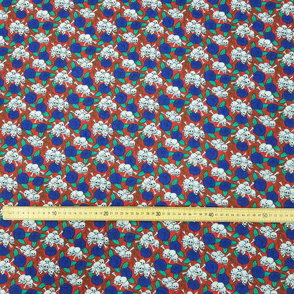 Halloween Skulls Blue Roses Poly Cotton Fabric  Day Of The Dead Cape Fabric