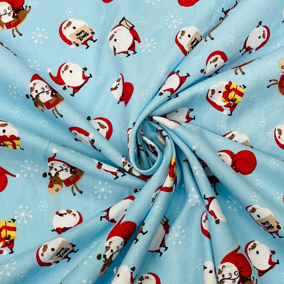 Christmas Santa & Rudolf Xmas Print Cotton Fabric, Blue