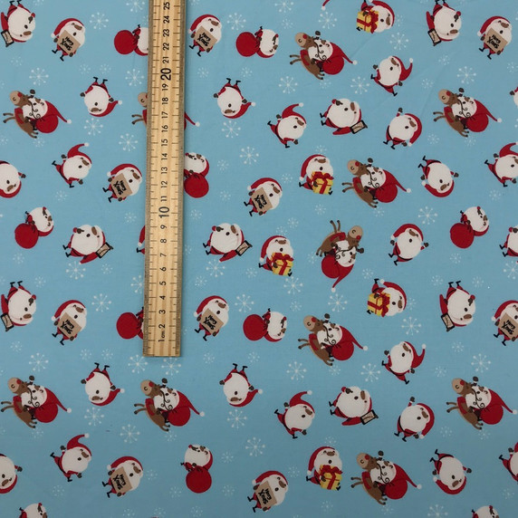 Christmas Santa & Rudolf Xmas Print Cotton Fabric, Blue