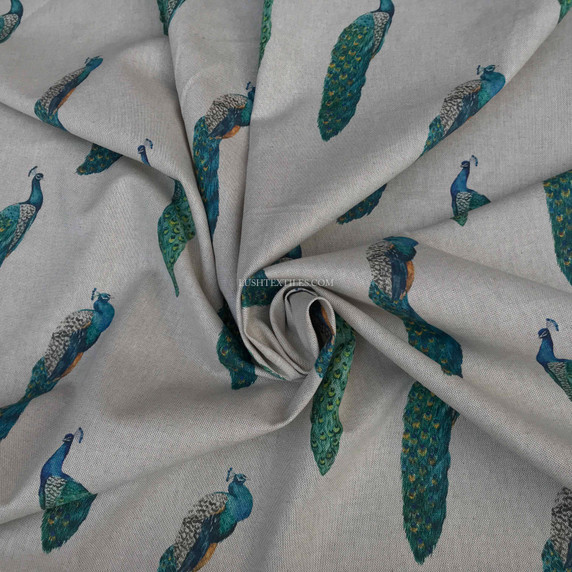Peacock Birds Digital Print Linen Cotton Upholstery Fabric