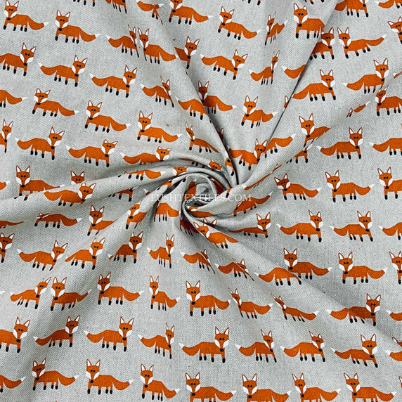 Small Orange Foxes Woodland Linen Cotton Canvas Fabric