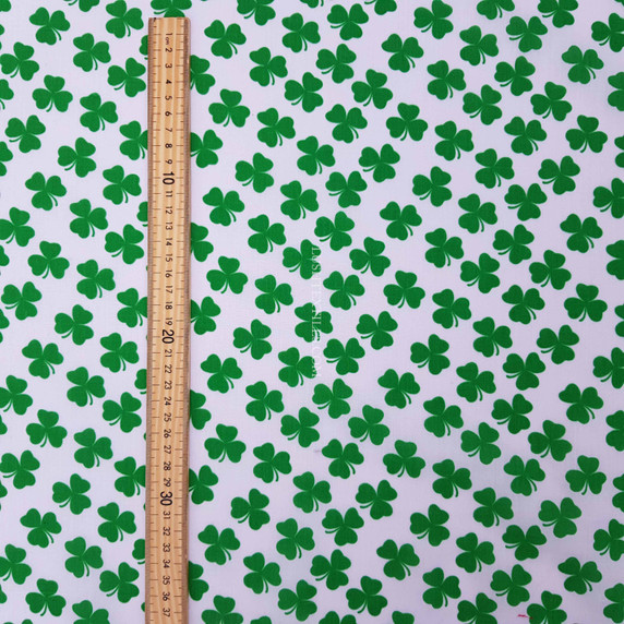 Irish Green Shamrock Saint Patrick's Day Polycotton Fabric, White