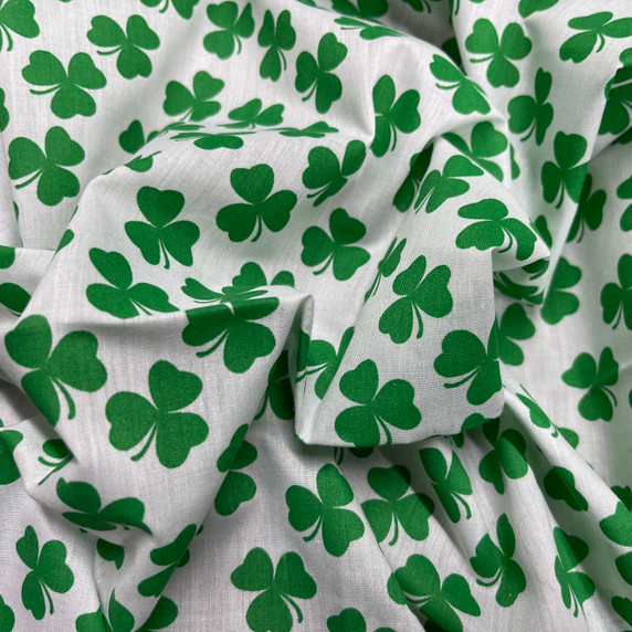 Irish Green Shamrock Saint Patrick's Day Polycotton Fabric, White