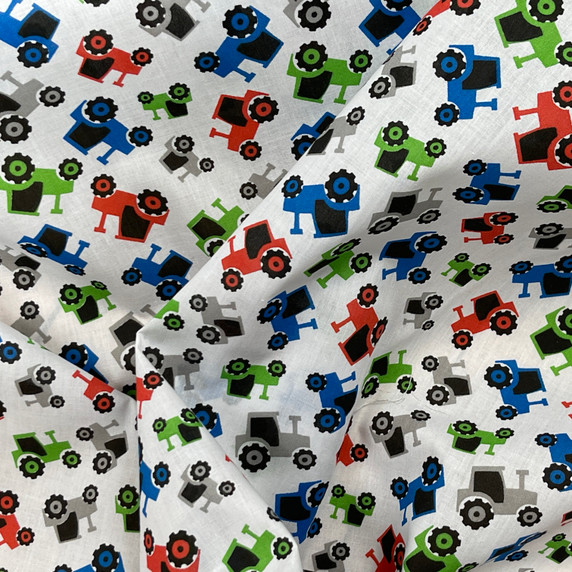 Small Tractors Printed Polycotton Fabric, White