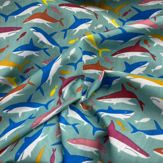 Sharks And Fishes Printed Polycotton Fabric, Ocean Green