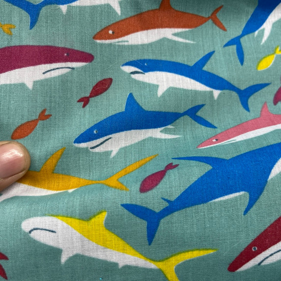 Sharks And Fishes Printed Polycotton Fabric, Ocean Green