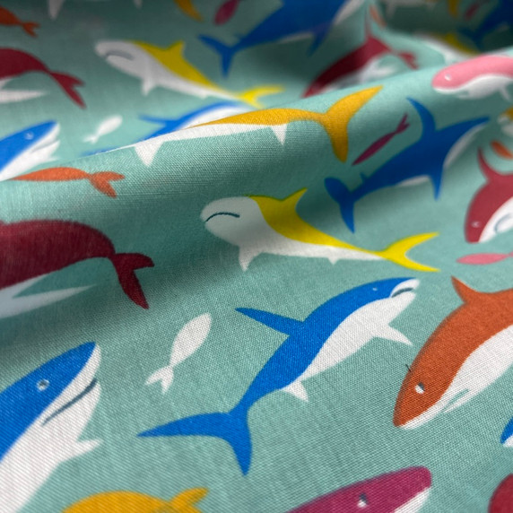 Sharks And Fishes Printed Polycotton Fabric, Ocean Green