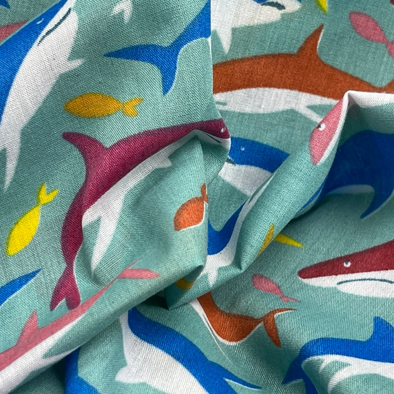 Sharks And Fishes Printed Polycotton Fabric, Ocean Green