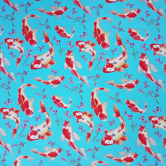 Koi Fish Print Rose & Hubble Cotton Poplin Fabric, Turquoise