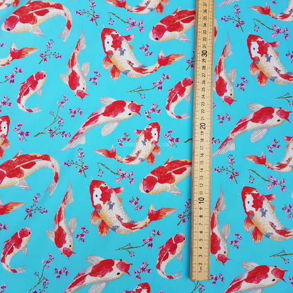 Koi Fish Print Rose & Hubble Cotton Poplin Fabric, Turquoise