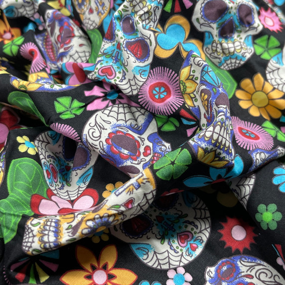 Sugar Skulls Tattoo Day Of the Dead Cotton Fabric, Black