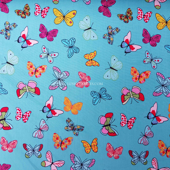 Colourful Butterflies Rose & Hubble Cotton Poplin Fabric, Mint