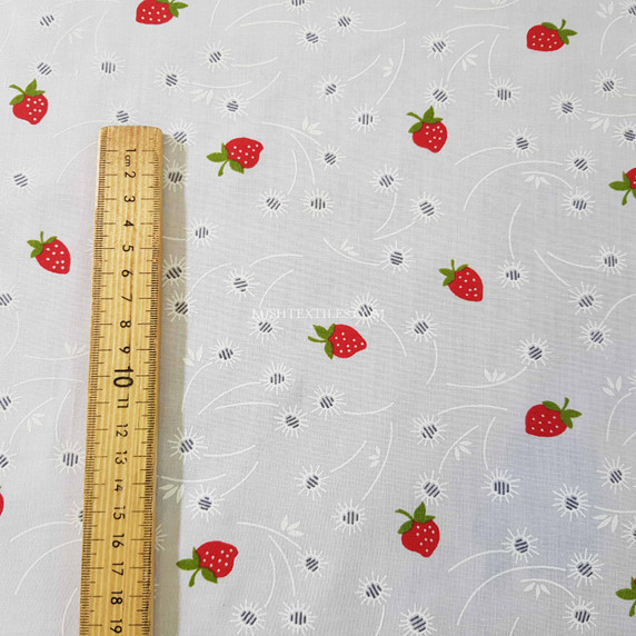 Red Strawberries Polycotton Dress Fabric, White