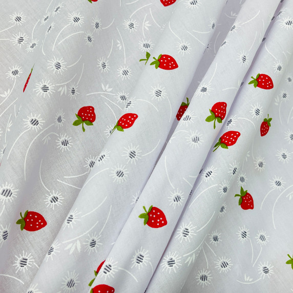 Red Strawberries Polycotton Dress Fabric, White