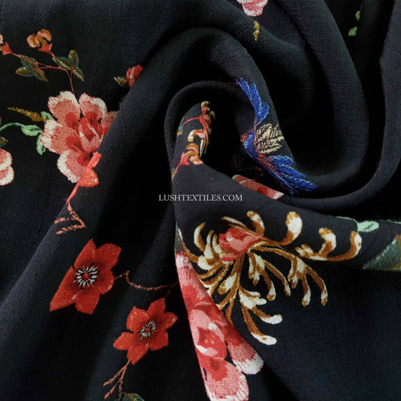 Bird Blossom Floral Viscose Marocaine Dress Fabric, Black
