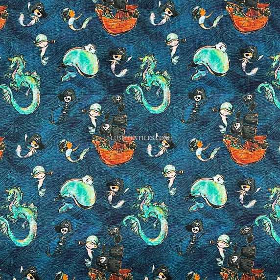 Pirates Boat Dragons Digital Cotton Craft Fabric 140cm Wide, Midnight