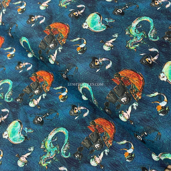 Pirates Boat Dragons Digital Cotton Craft Fabric 140cm Wide, Midnight