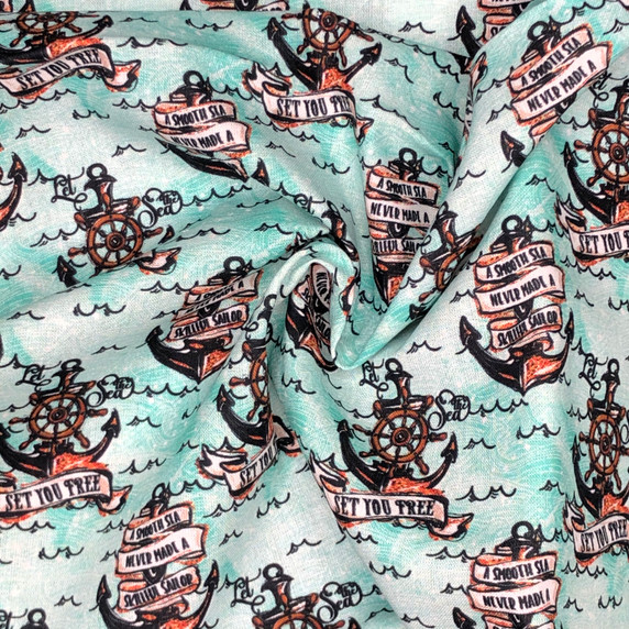 Sailing Anchors Digital Cotton Craft Fabric 140cm Wide, Green