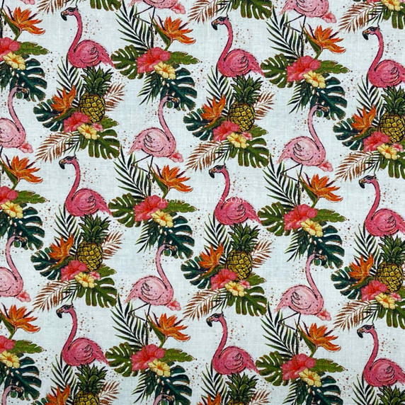 Tropical Flamingo Birds Digital Cotton Craft Fabric 140cm Wide, Ivory