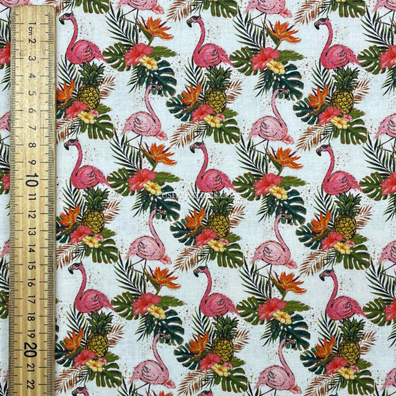 Tropical Flamingo Birds Digital Cotton Craft Fabric 140cm Wide, Ivory