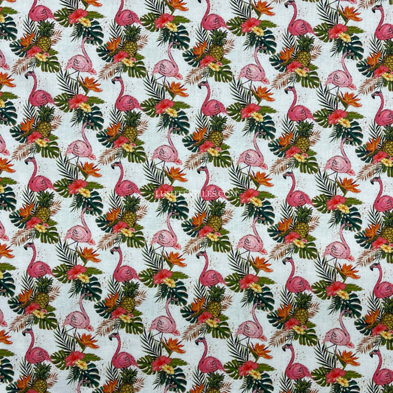 Tropical Flamingo Birds Digital Cotton Craft Fabric 140cm Wide, Ivory