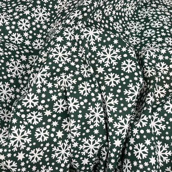 White Snowflakes 2 Christmas Polycotton XMAS Fabric, Green