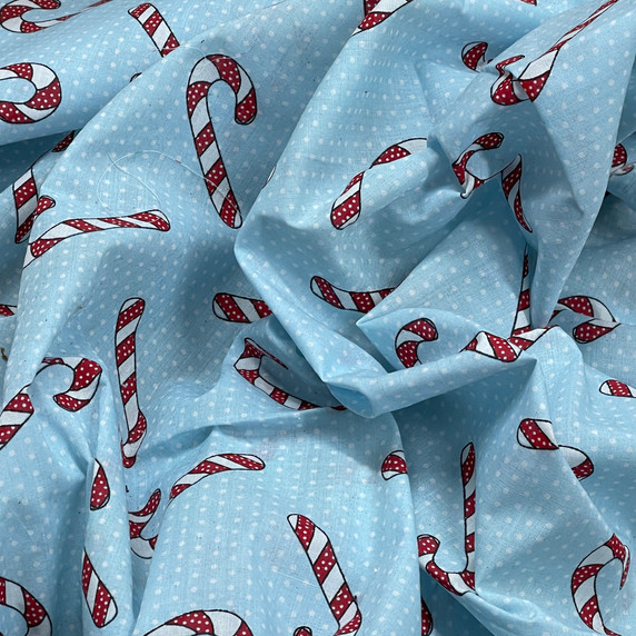 Xmas Candy Cane & Pin Spots Christmas Polycotton Fabric, Sky