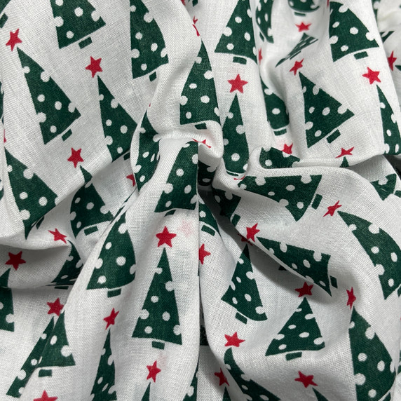 Green Xmas Trees Christmas Polycotton Fabric, White
