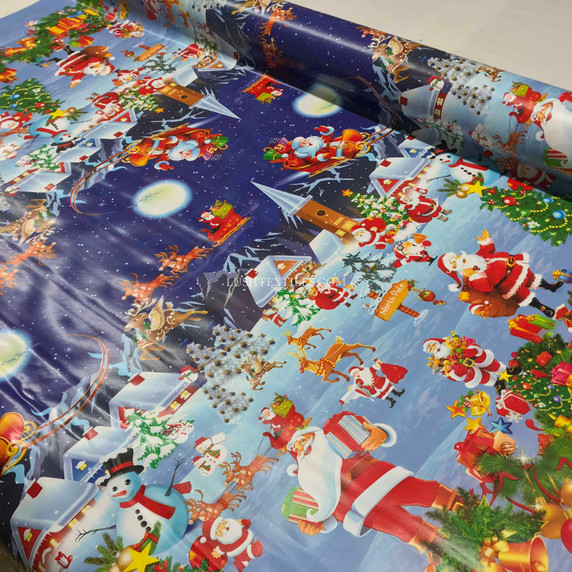 Xmas Santa Christmas Scene Tablecloth PVC Fabric, Blue
