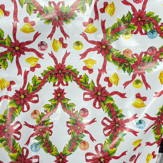Christmas PVC Tablecloth Wreaths & Bells Fabric, White