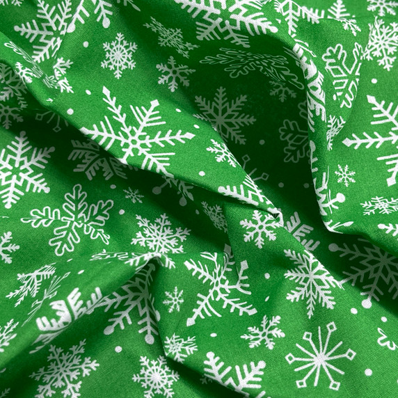 XMAS Snowflakes Christmas Polycotton Fabric, Green