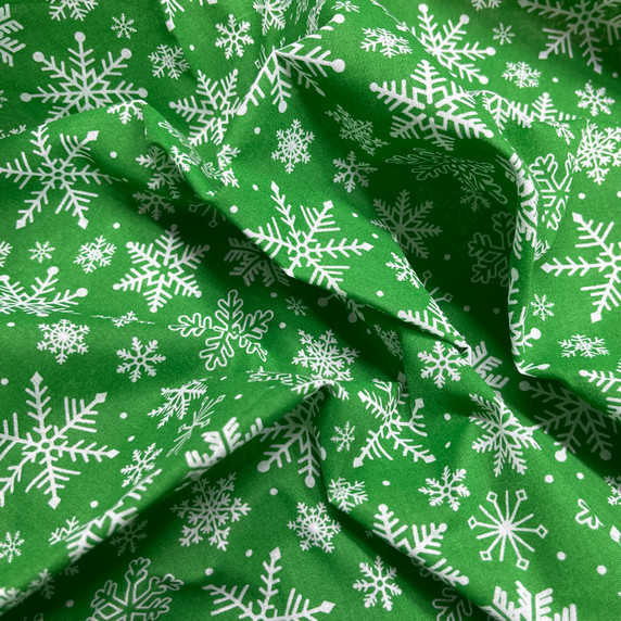 XMAS Snowflakes Christmas Polycotton Fabric, Green