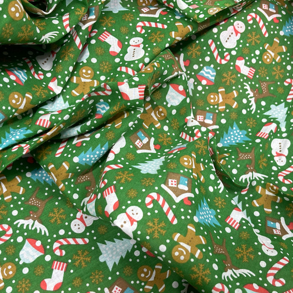 Christmas Party Polycotton Craft Fabric, Green