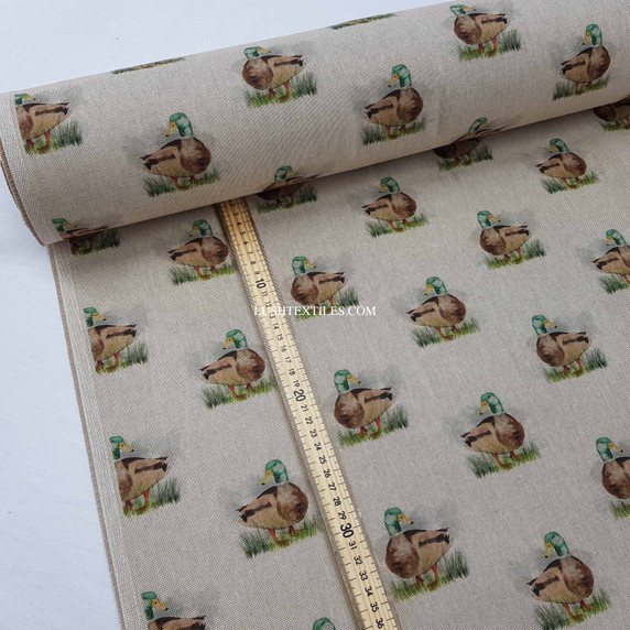 Cotton Rich Linen Look Fabric Digital Upholstery, Allover Mallard Ducks