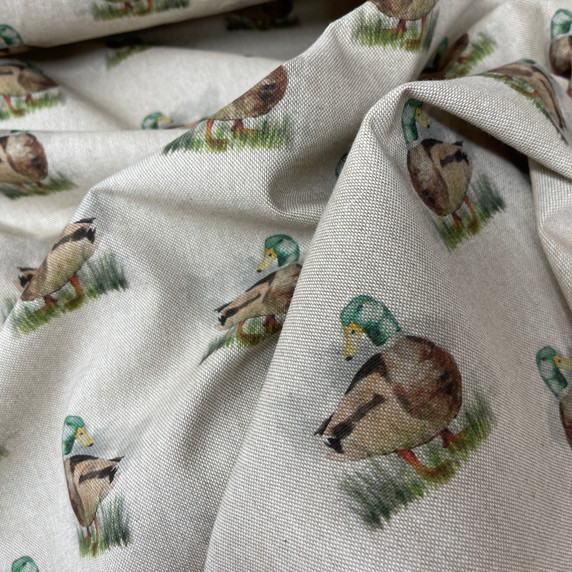 Cotton Rich Linen Look Fabric Digital Upholstery, Allover Mallard Ducks