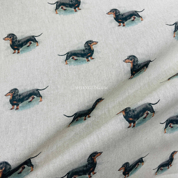 Cotton Rich Linen Look Fabric Digital Upholstery, Allover Dachshund Dogs