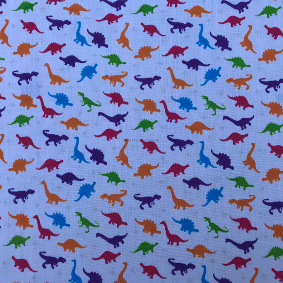 Small Multicoloured Dinosaurs Polycotton Fabric, White