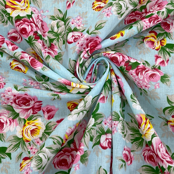 Vintage Rose Print Polycotton Fabric, Sky