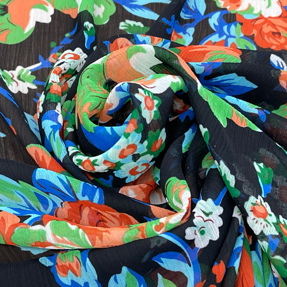 Orange Floral Roses Print Crepe Chiffon Fabric, Black