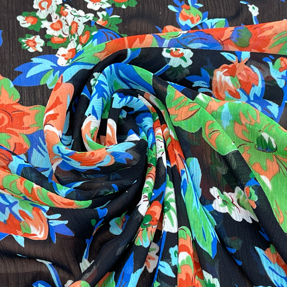 Orange Floral Roses Print Crepe Chiffon Fabric, Black