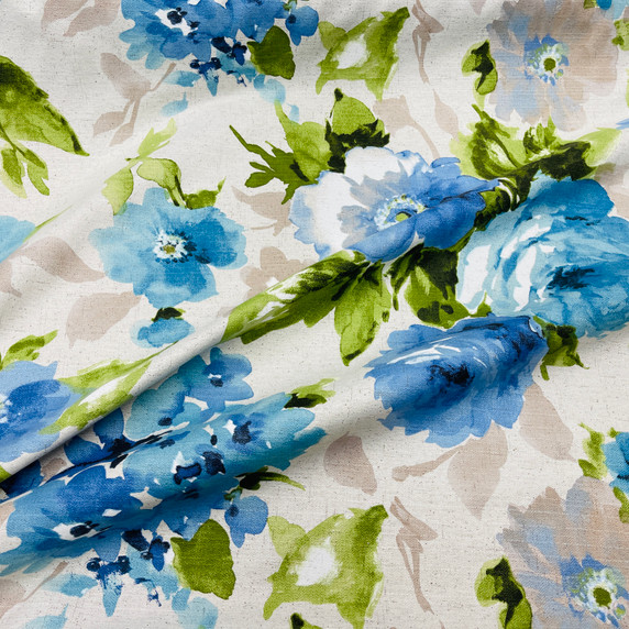 Blue Floral Flower Cotton Linen Look Fabric