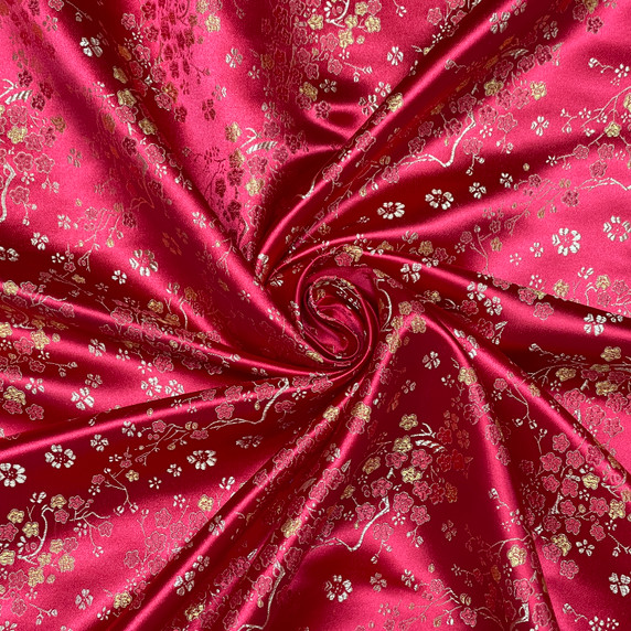 Chinese Blossom Silk Jacquard Brocade Fabric, Red