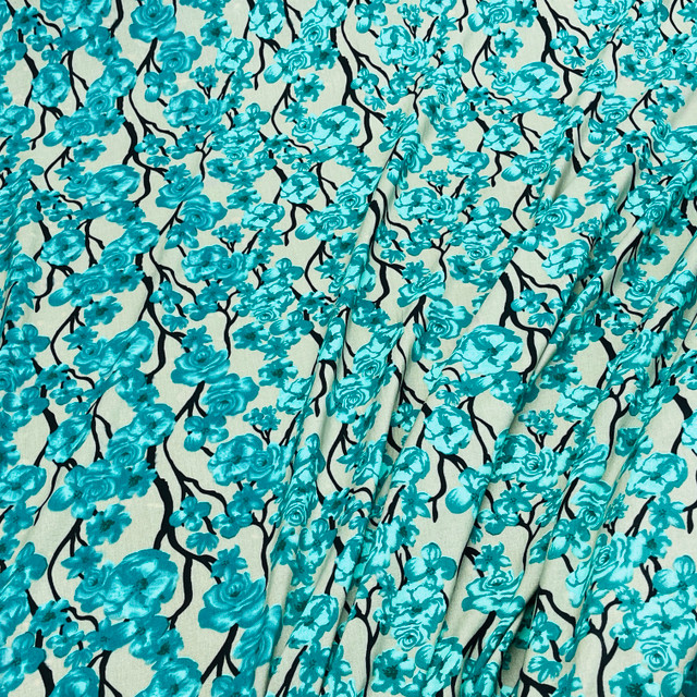 Teal Green Floral Print 100% Viscose Dress Fabric, Grey Teal Green Floral Print 100% Viscose Dress Fabric, Grey