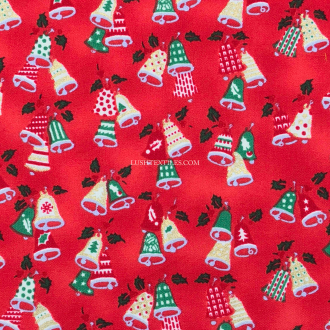 Christmas Bells Xmas Print Cotton Fabric, Red