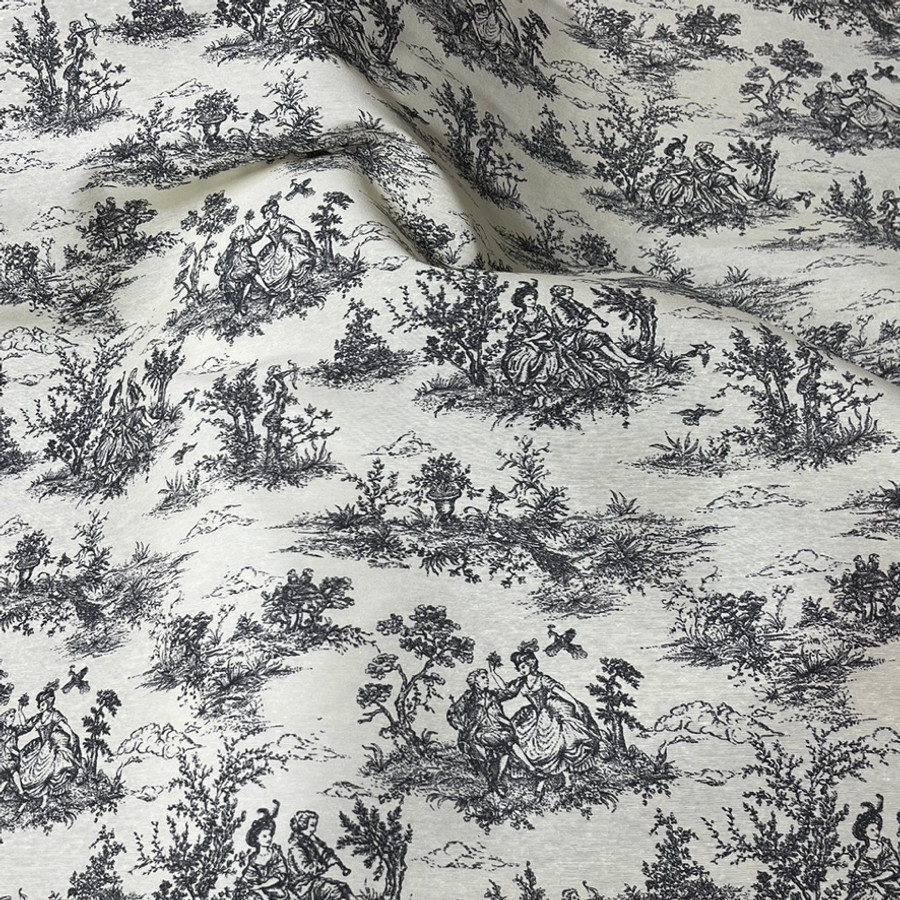 French Toile De Jouy Vintage Cotton Fabric, Black French Toile De Jouy Vintage Cotton Fabric, Black