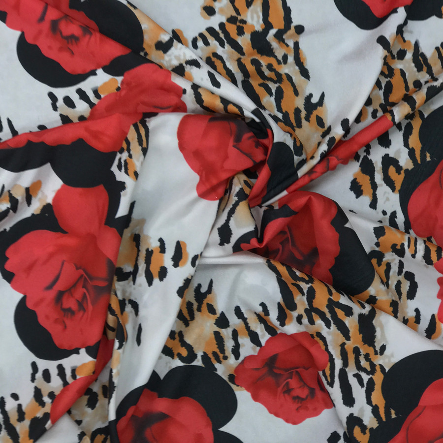 Leopard Spots And Roses Print Crepe Satin, White