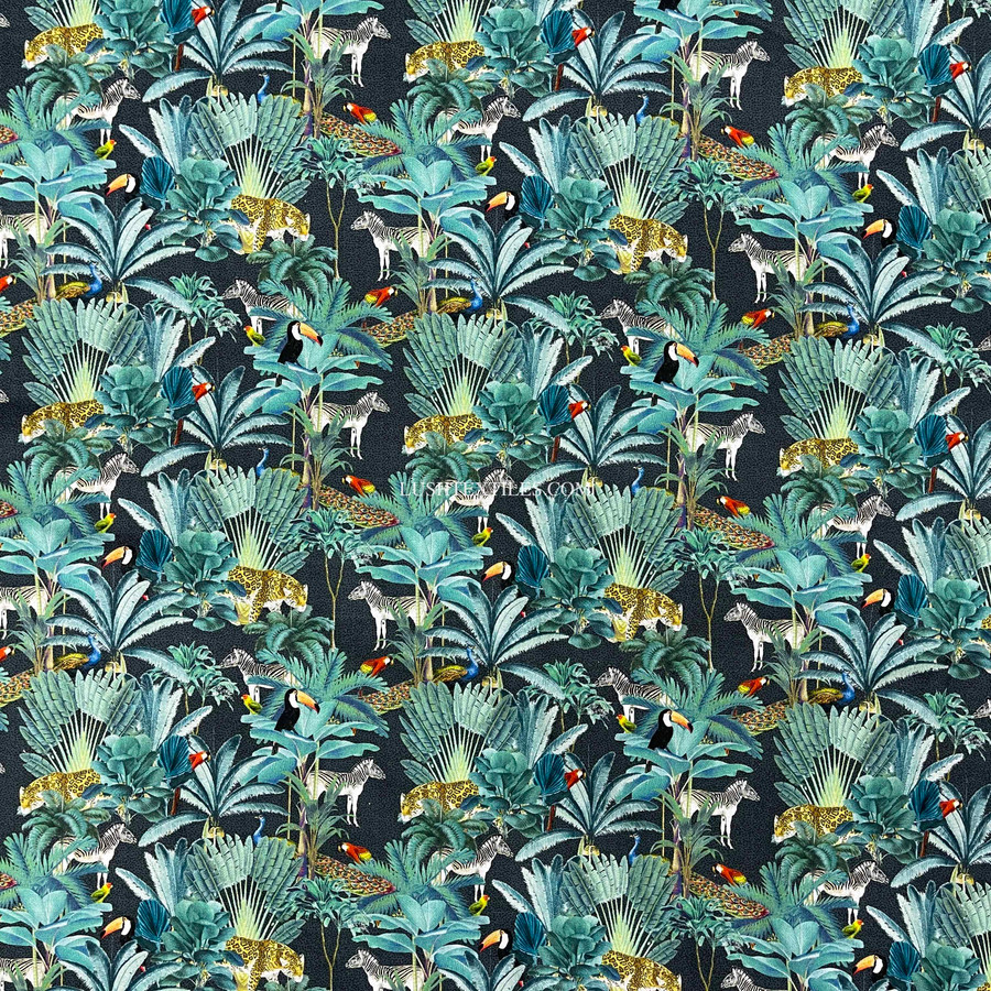 Tropical Palm Trees Animals Digital Cotton Craft Fabric 140cm Wide, Black Tropical Palm Trees Animals Digital Cotton Craft Fabric 140cm Wide, Black