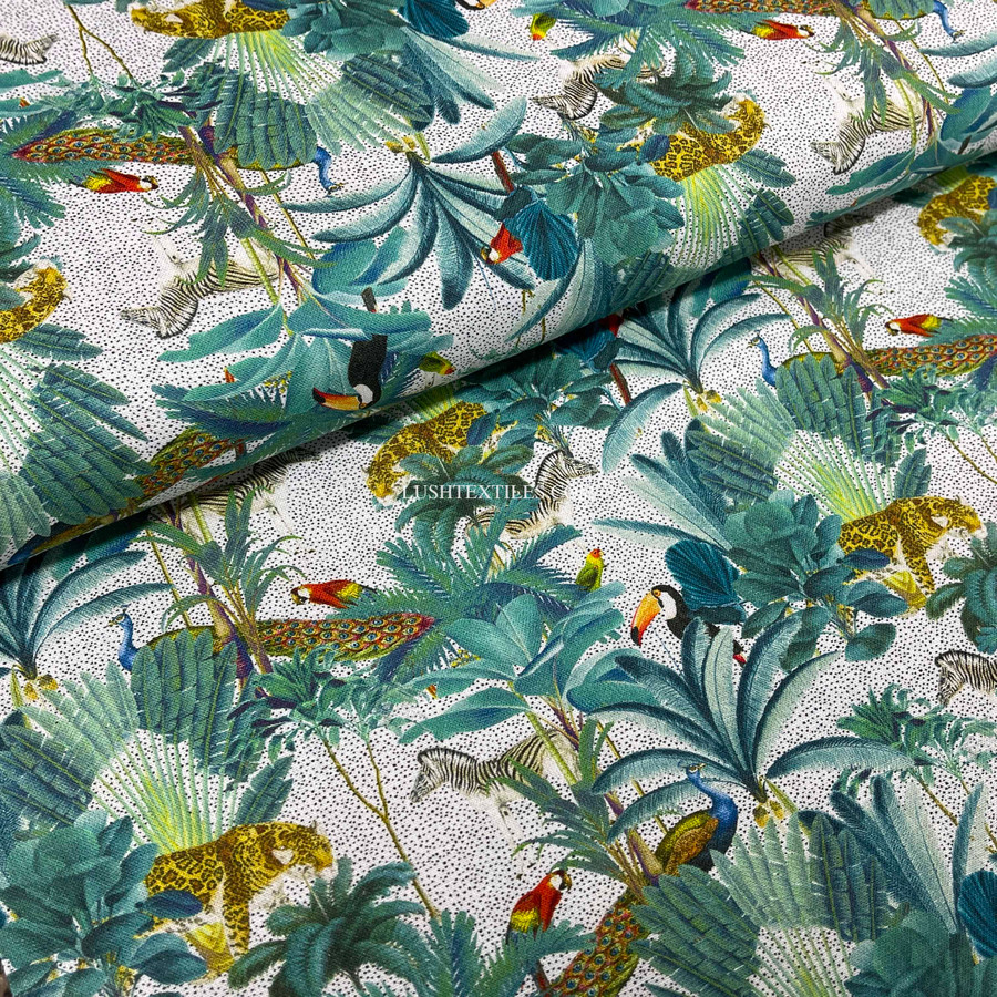 Tropical Palm Trees Animals Digital Cotton Craft Fabric 140cm Wide, Ivory Tropical Palm Trees Animals Digital Cotton Craft Fabric 140cm Wide, Ivory