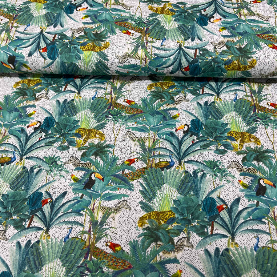 Tropical Palm Trees Animals Digital Cotton Craft Fabric 140cm Wide, Ivory Tropical Palm Trees Animals Digital Cotton Craft Fabric 140cm Wide, Ivory