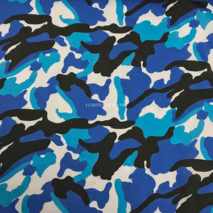 Camouflage Army Polycotton Dress Fabric, Blue Camouflage Army Polycotton Dress Fabric, Blue
